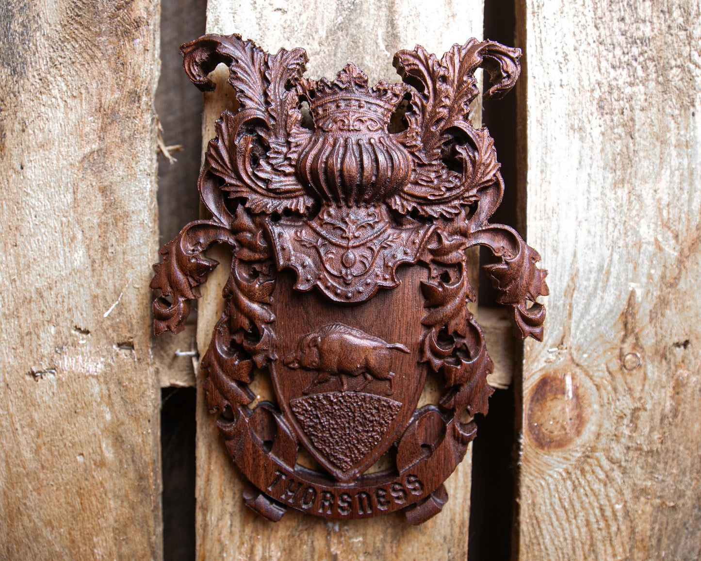 Custom Carved Coat of Arms - Fathers Day Gift, Unique Wedding Gift, Hardwood Family Crests in Walnut, Cherry, Oak, Personalized Heraldic Art