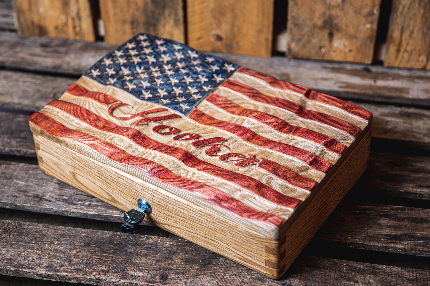 Custom American Flag Gun Safe | Pistol Case | Custom Handgun Case | Wood Gun Case | Custom Gun Cabinet | Unique Handmade Gift