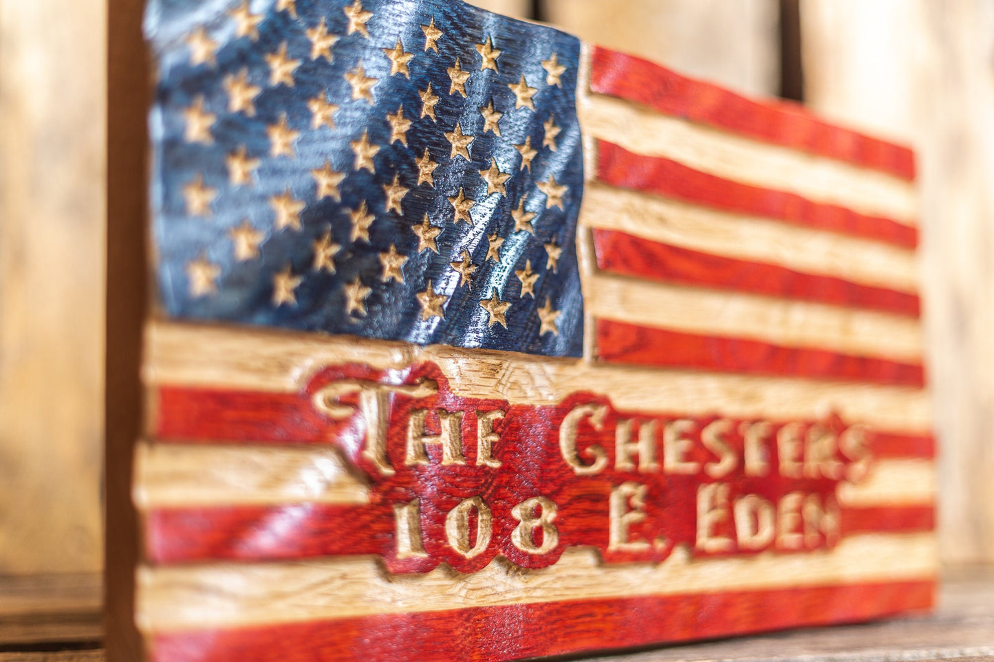 Rustic Wavy Wood American Flag | Street Address Sign | Name Plaque | Established Date | Patriotic Decor | Wall Decor, Unique Handmade Gift