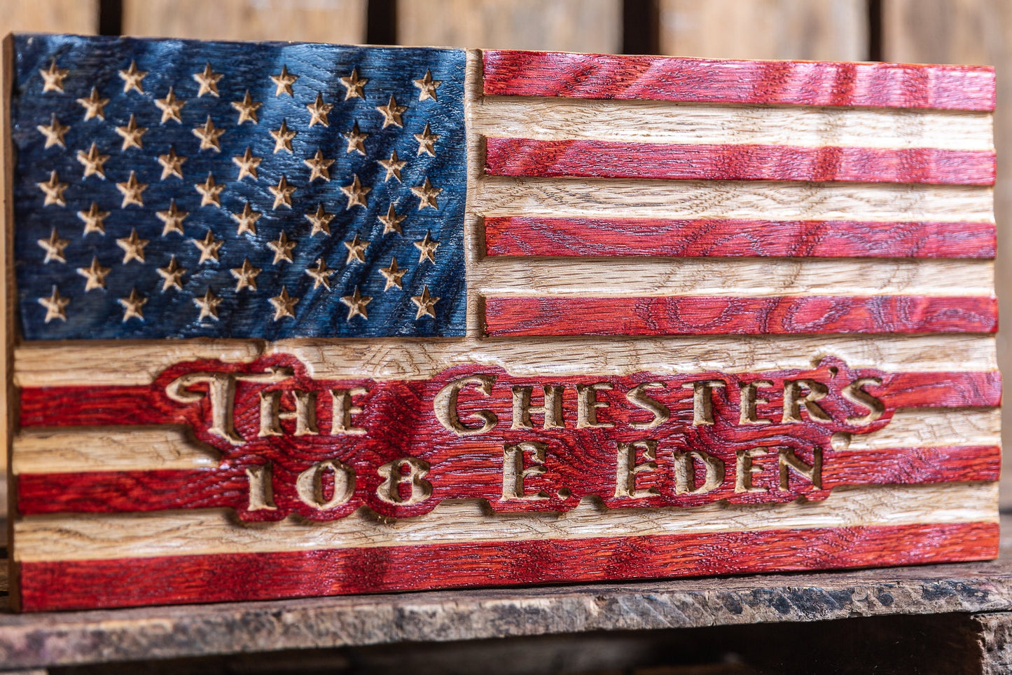 Rustic Wavy Wood American Flag | Street Address Sign | Name Plaque | Established Date | Patriotic Decor | Wall Decor, Unique Handmade Gift
