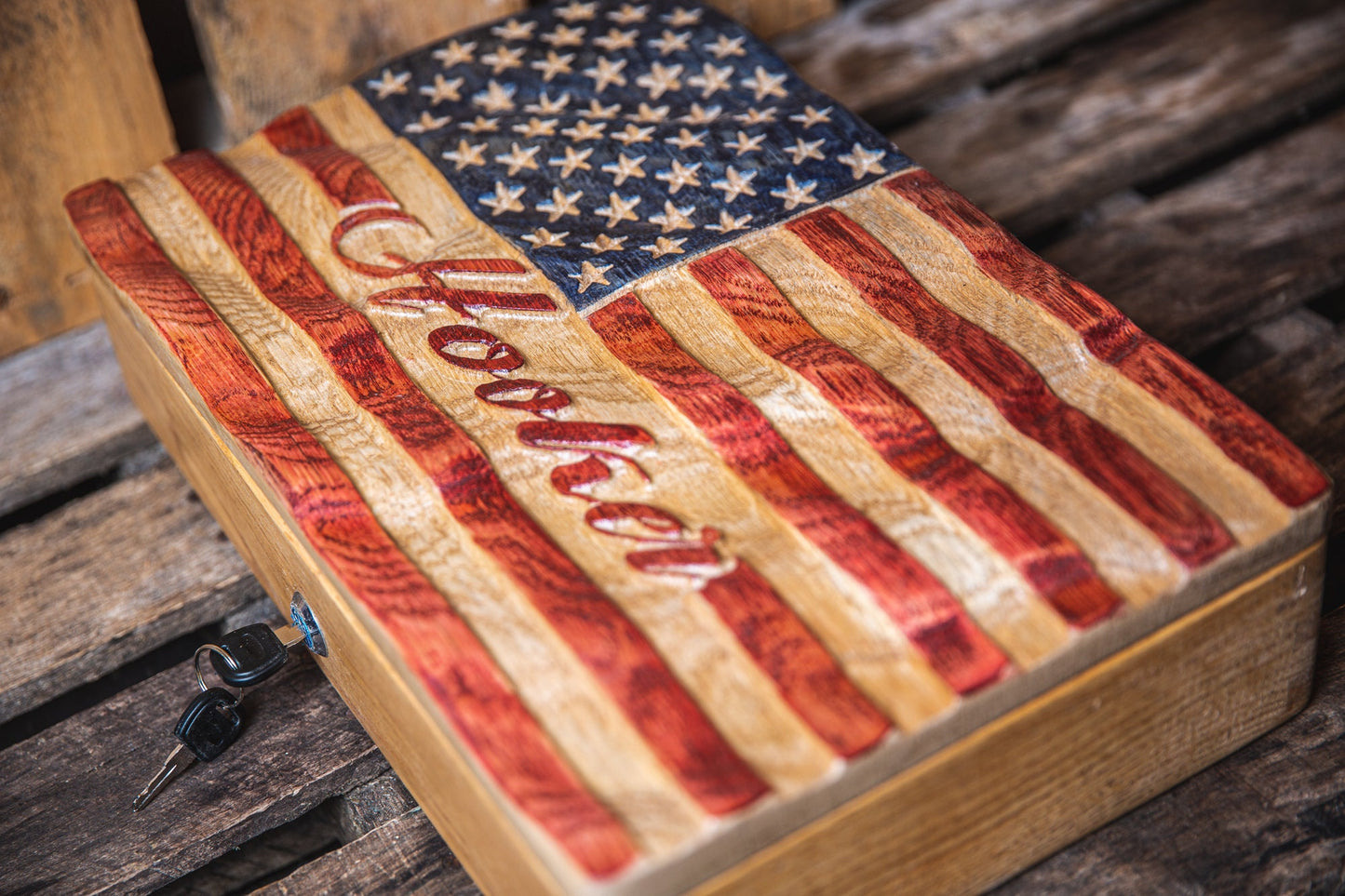 Custom American Flag Gun Safe | Pistol Case | Custom Handgun Case | Wood Gun Case | Custom Gun Cabinet | Unique Handmade Gift