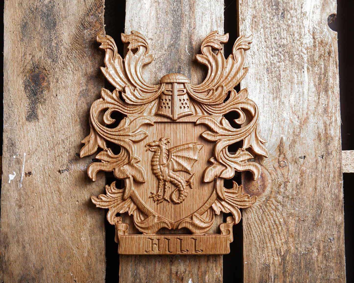 Custom Carved Coat of Arms - Fathers Day Gift, Unique Wedding Gift, Hardwood Family Crests in Walnut, Cherry, Oak, Personalized Heraldic Art