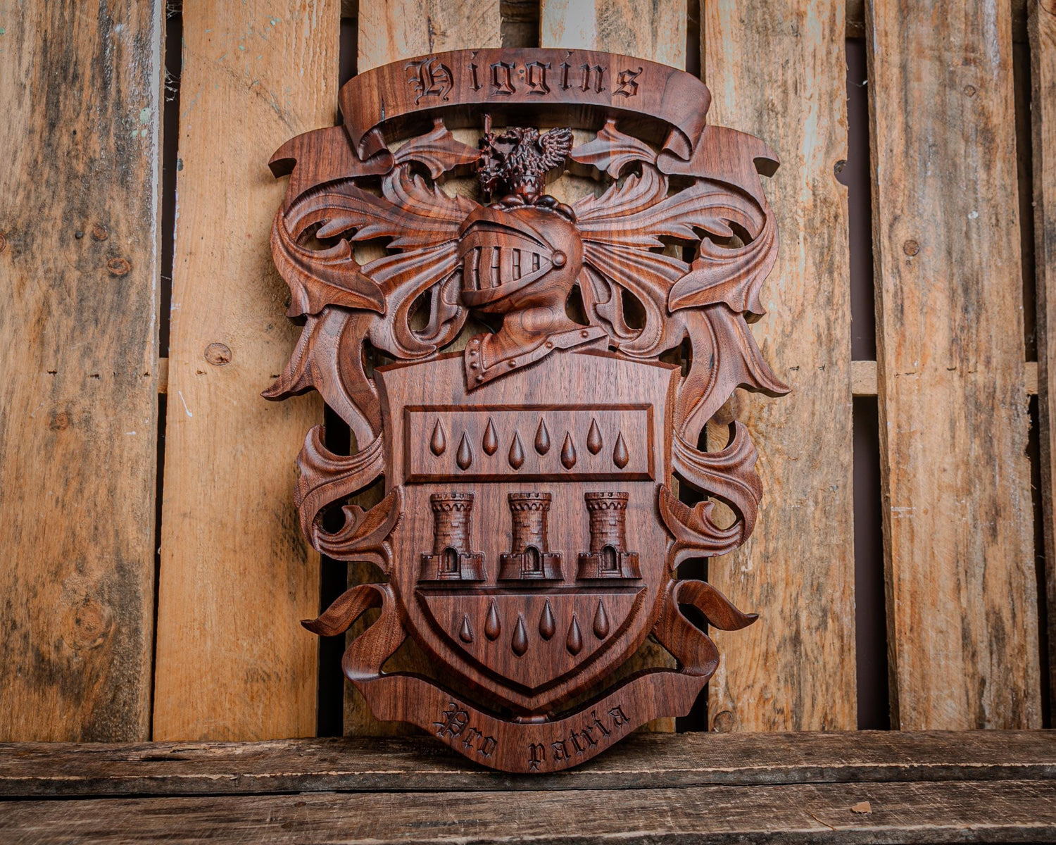 Custom carved solid hardwood family crest, coat of arms and clan badge.