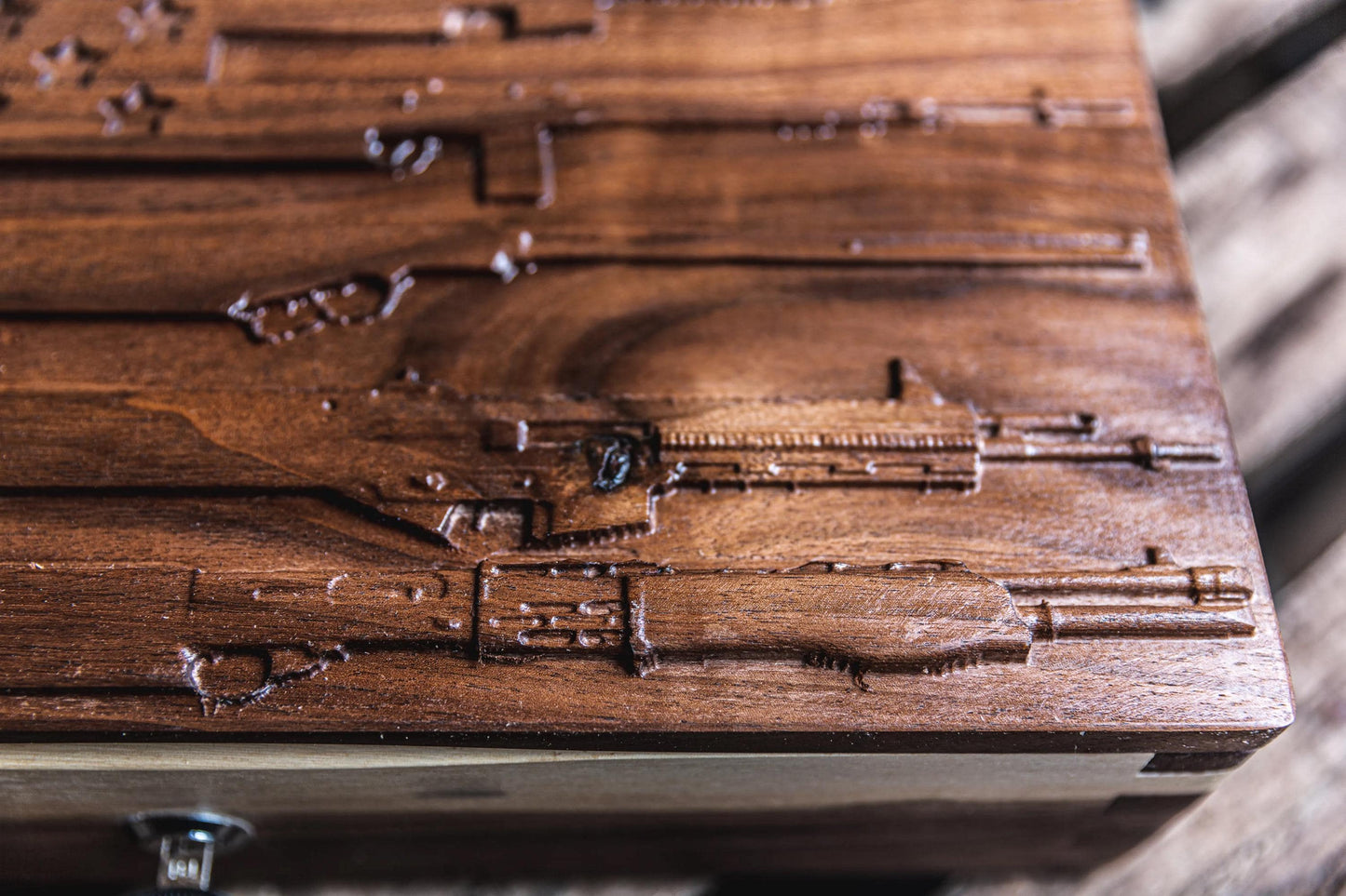 Unique Handmade Walnut Gun Case with 3D Relief Carved Lid