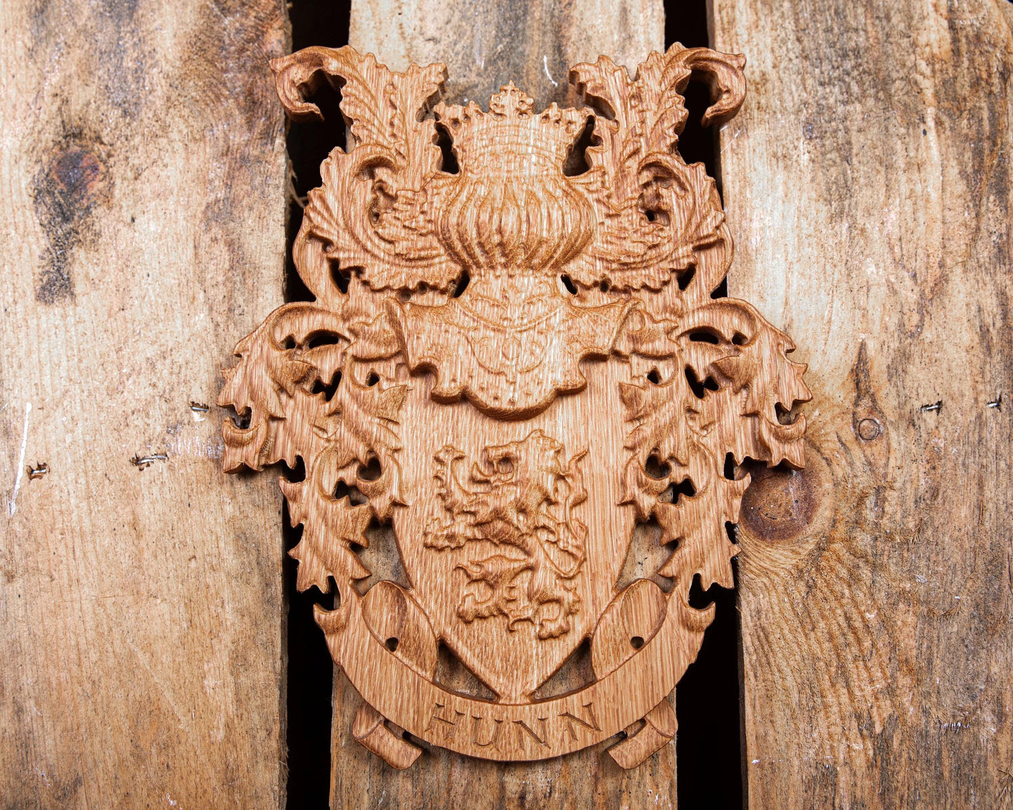 Custom Carved Coat of Arms - Fathers Day Gift, Unique Wedding Gift, Hardwood Family Crests in Walnut, Cherry, Oak, Personalized Heraldic Art