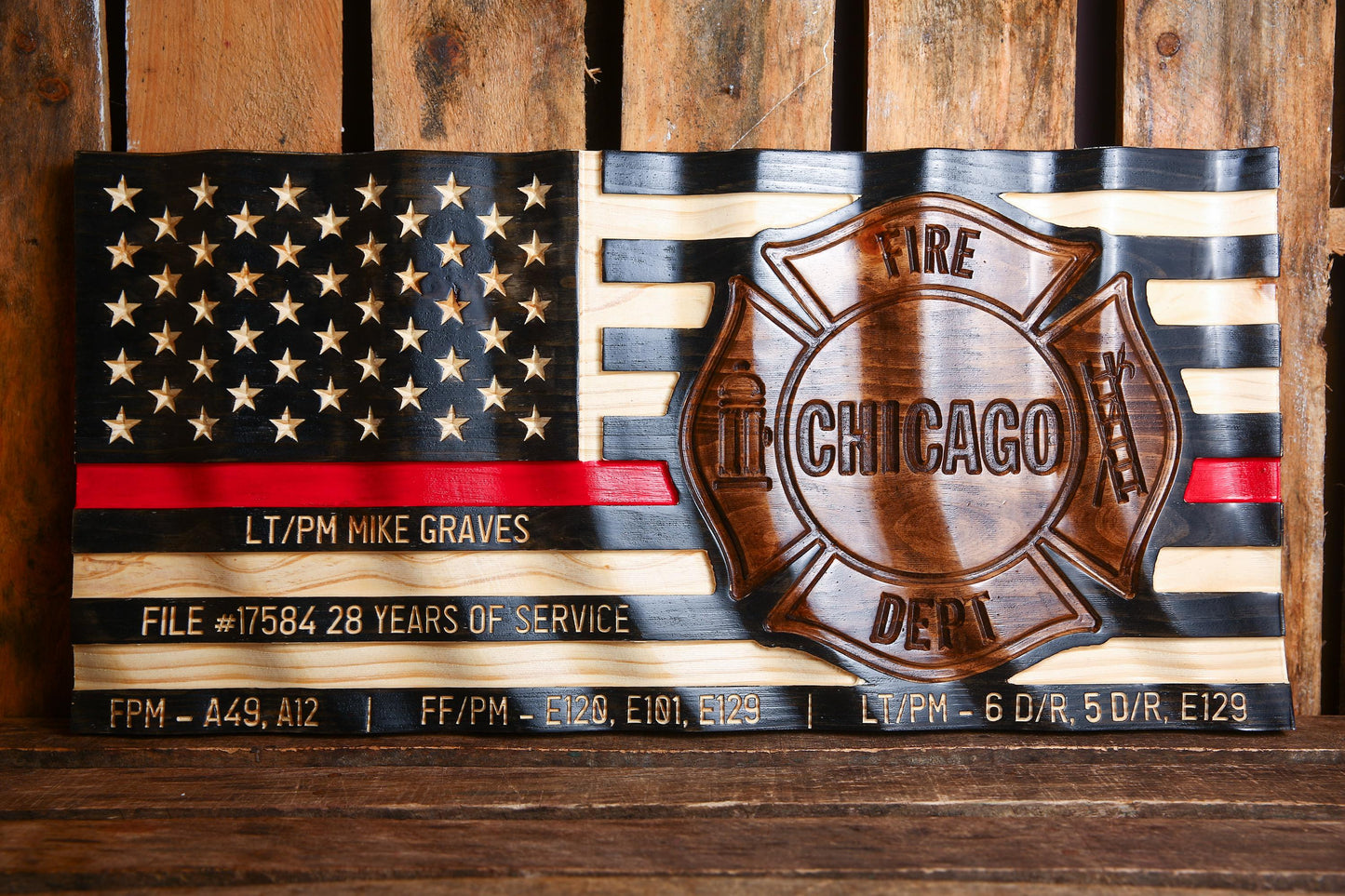 Personalized Firefighter Gift - Large Thin Red Line Flag with Custom Emblem - Unique Handmade Gift