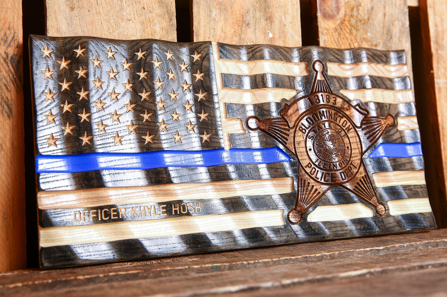 Custom Thin Blue Line Police Flag with Badge Engraving – Personalized Officer Gift, Handmade Wavy Wood Law Enforcement Retirement Sign