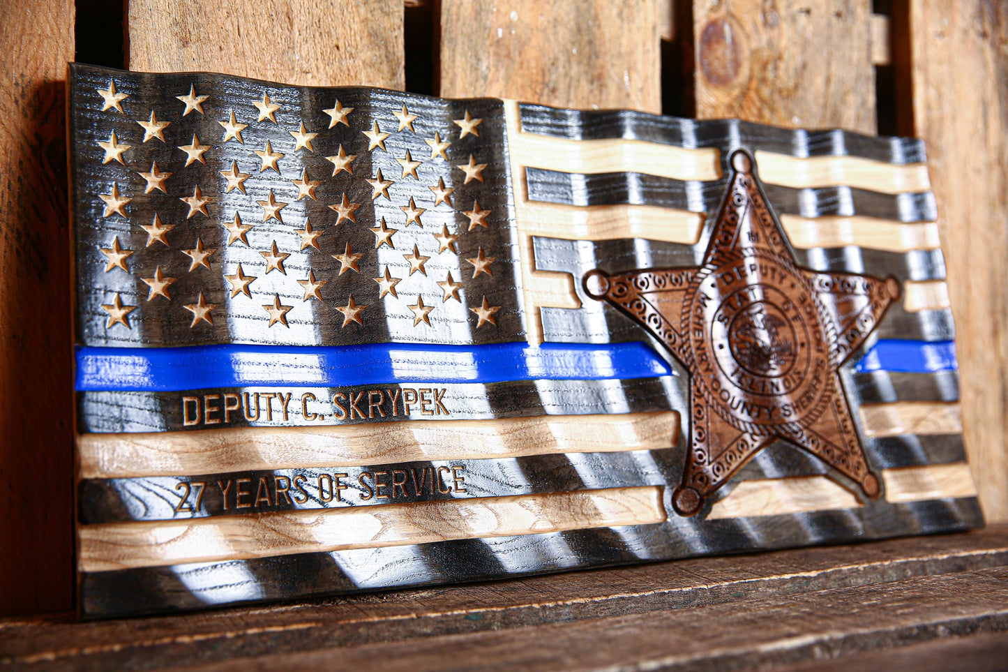 Custom Thin Blue Line Police Flag with Badge Engraving – Personalized Officer Gift, Handmade Wavy Wood Law Enforcement Retirement Sign