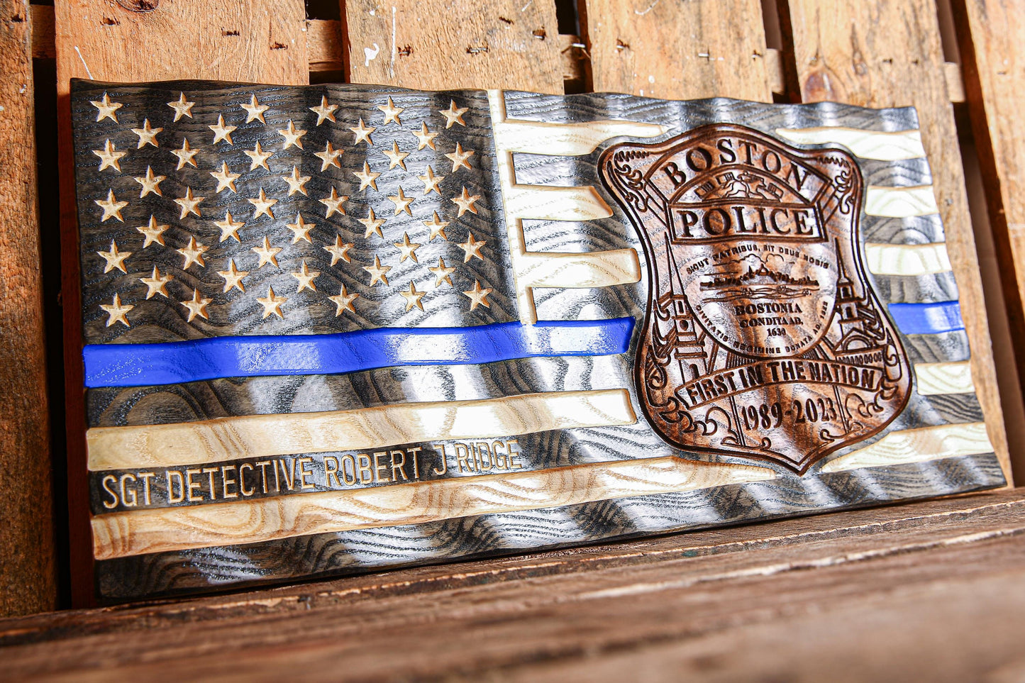 Ultimate Police Officer Gift | Wavy Thin Blue Line Flag | Custom Badge | Police Academy Graduation | Unique Handmade Gift