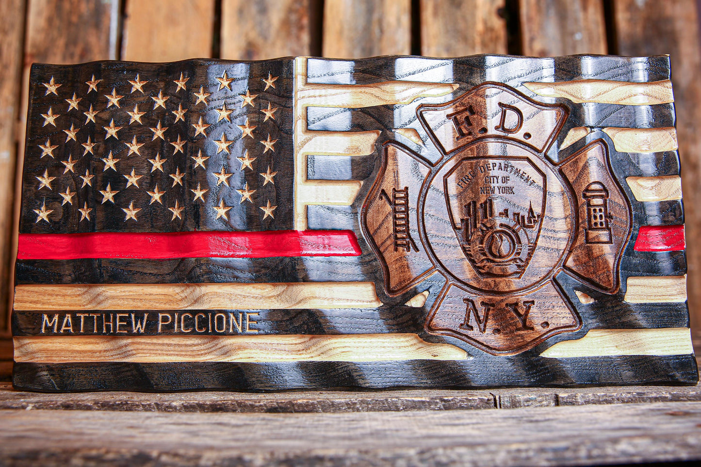 Personalized FDNY Firefighter Gift Thin Red Line Flag with Department Emblem - Unique Handmade Gift For Firefighter's