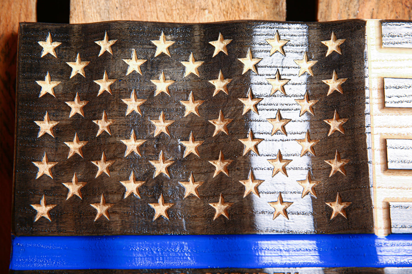 Custom Thin Blue Line Police Flag with Badge Engraving – Personalized Officer Gift, Handmade Wavy Wood Law Enforcement Retirement Sign