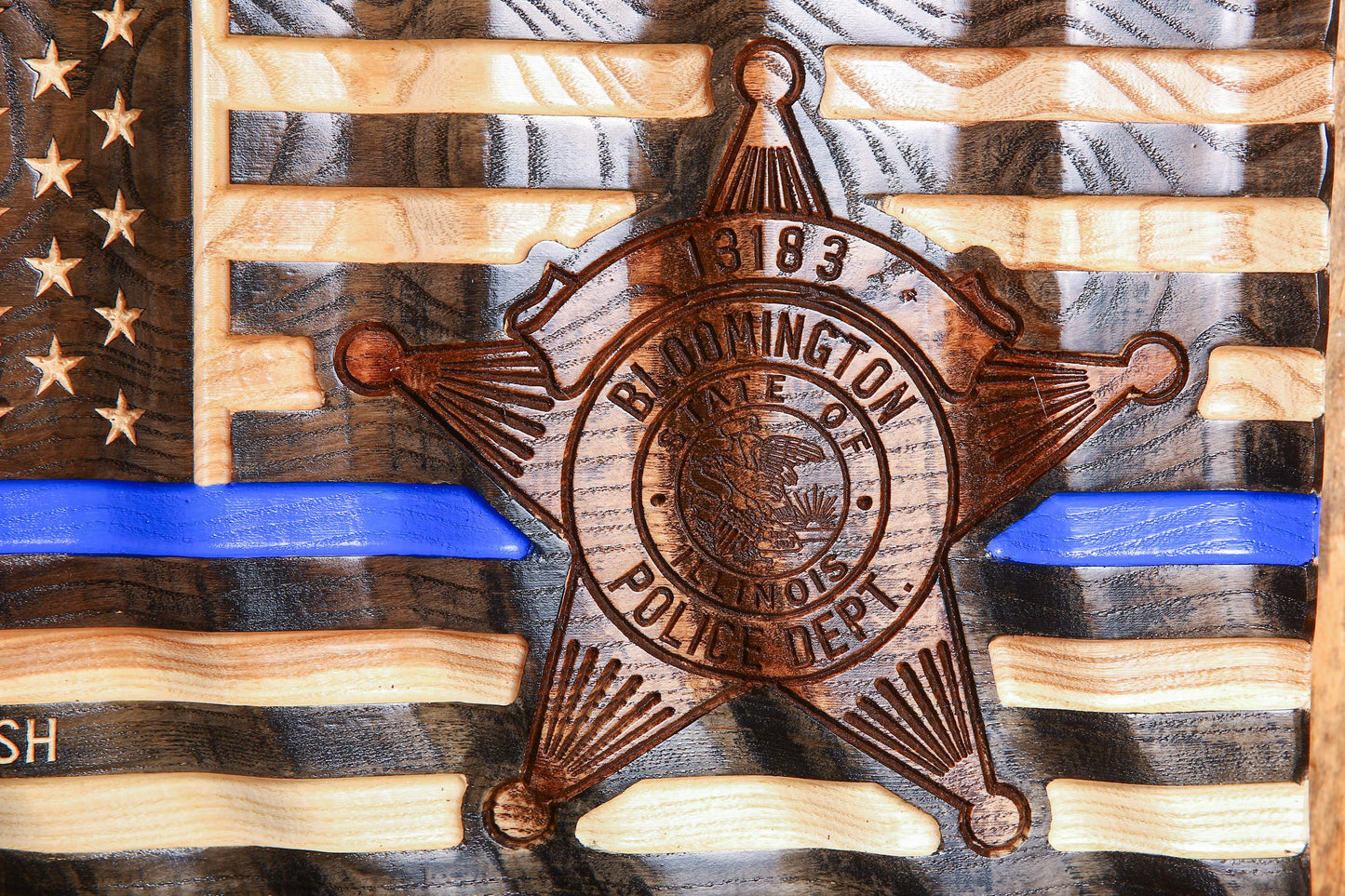 Custom Thin Blue Line Police Flag with Badge Engraving – Personalized Officer Gift, Handmade Wavy Wood Law Enforcement Retirement Sign