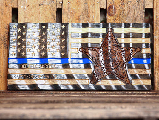 Custom Thin Blue Line Police Flag with Badge Engraving – Personalized Officer Gift, Handmade Wavy Wood Law Enforcement Retirement Sign