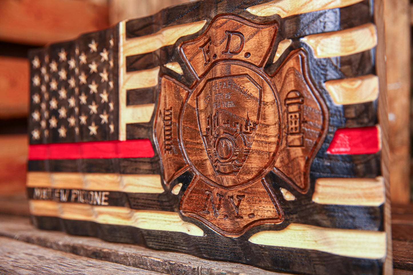Personalized FDNY Firefighter Gift Thin Red Line Flag with Department Emblem - Unique Handmade Gift For Firefighter's