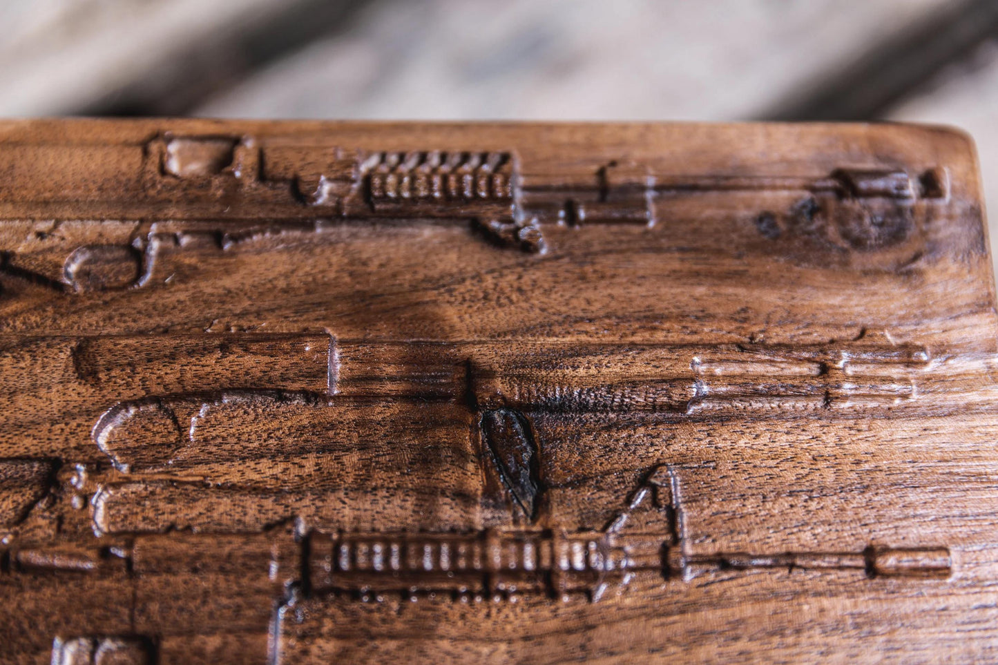 Unique Handmade Walnut Gun Case with 3D Relief Carved Lid