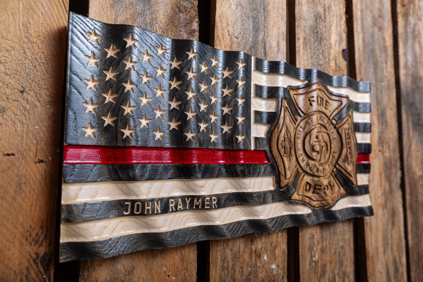 Personalized Firefighter Gift, Thin Red Line Flag with Custom Emblem, Unique Handmade Gift