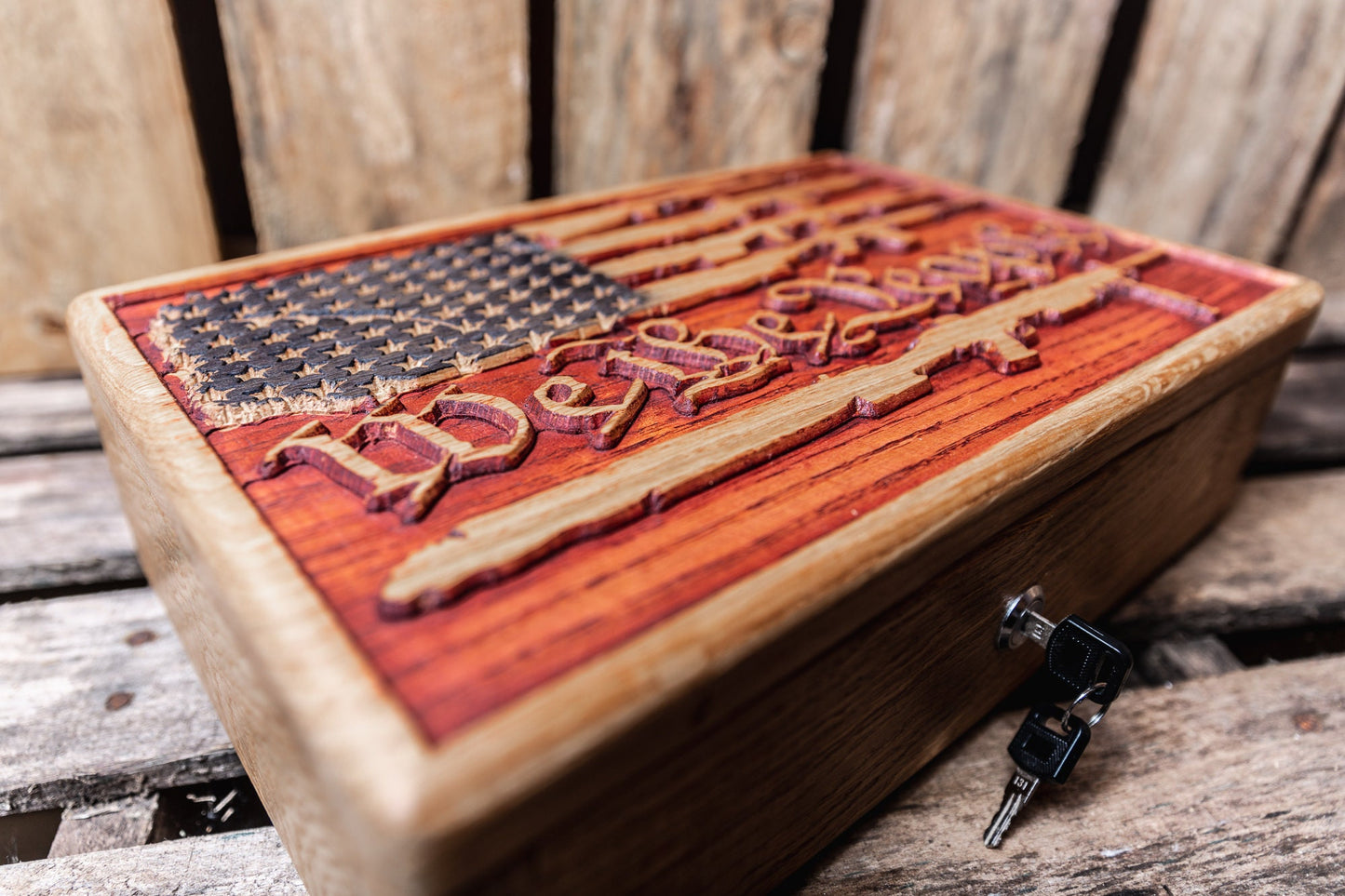 Oak American Flag Gun Concealment Case, Pistol Display Case, American Flag Box, Locking Concealment Box, Handmade, Second Amendment