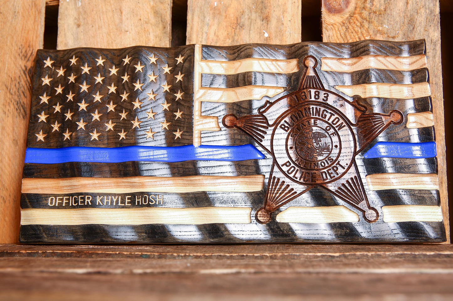 Custom Thin Blue Line Police Flag with Badge Engraving – Personalized Officer Gift, Handmade Wavy Wood Law Enforcement Retirement Sign