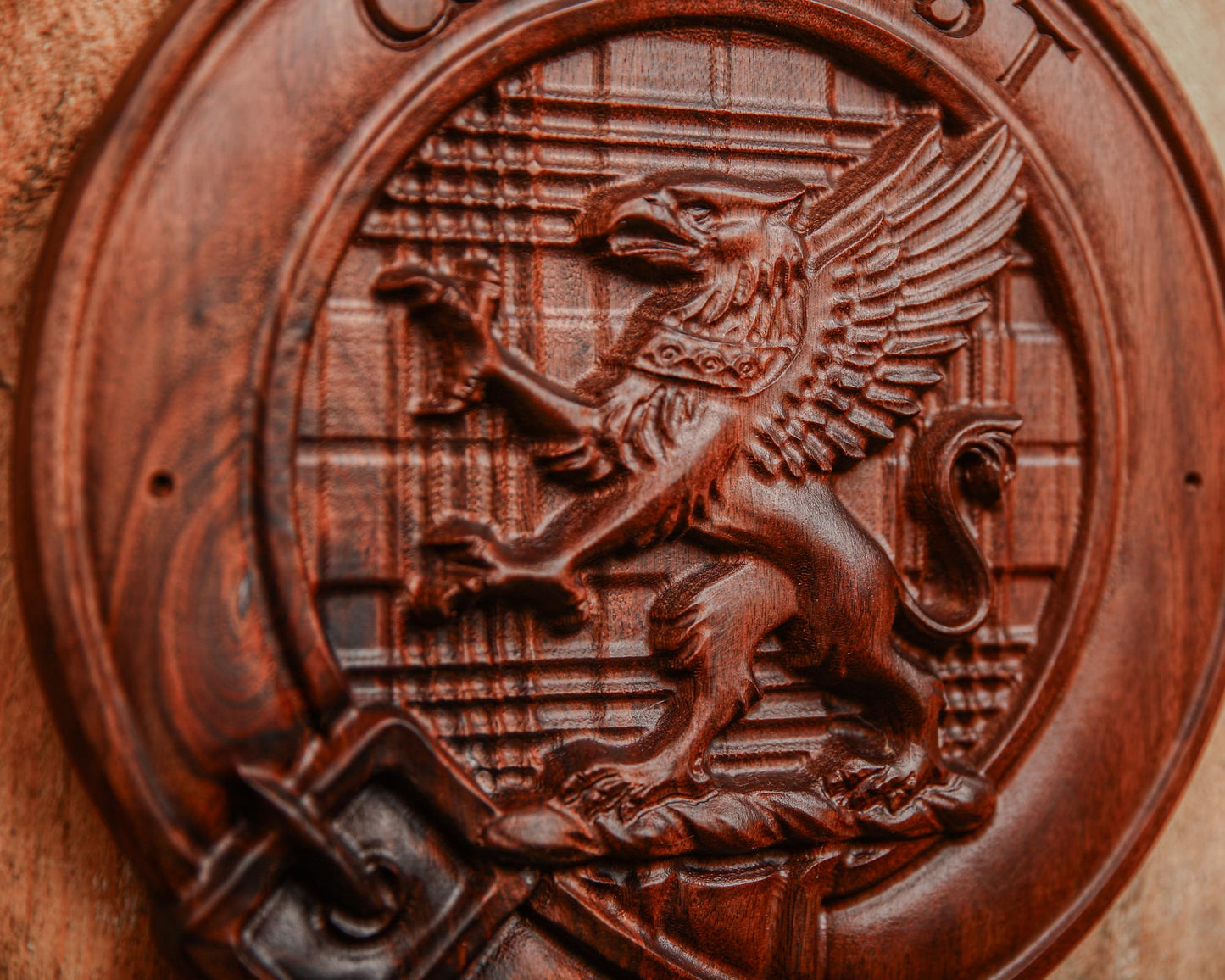 Custom Carved Scottish Clan Badge Crest in White Oak, Cherry or Walnut  | 3D Tartan, Bark, Cobblestone or Smooth Background