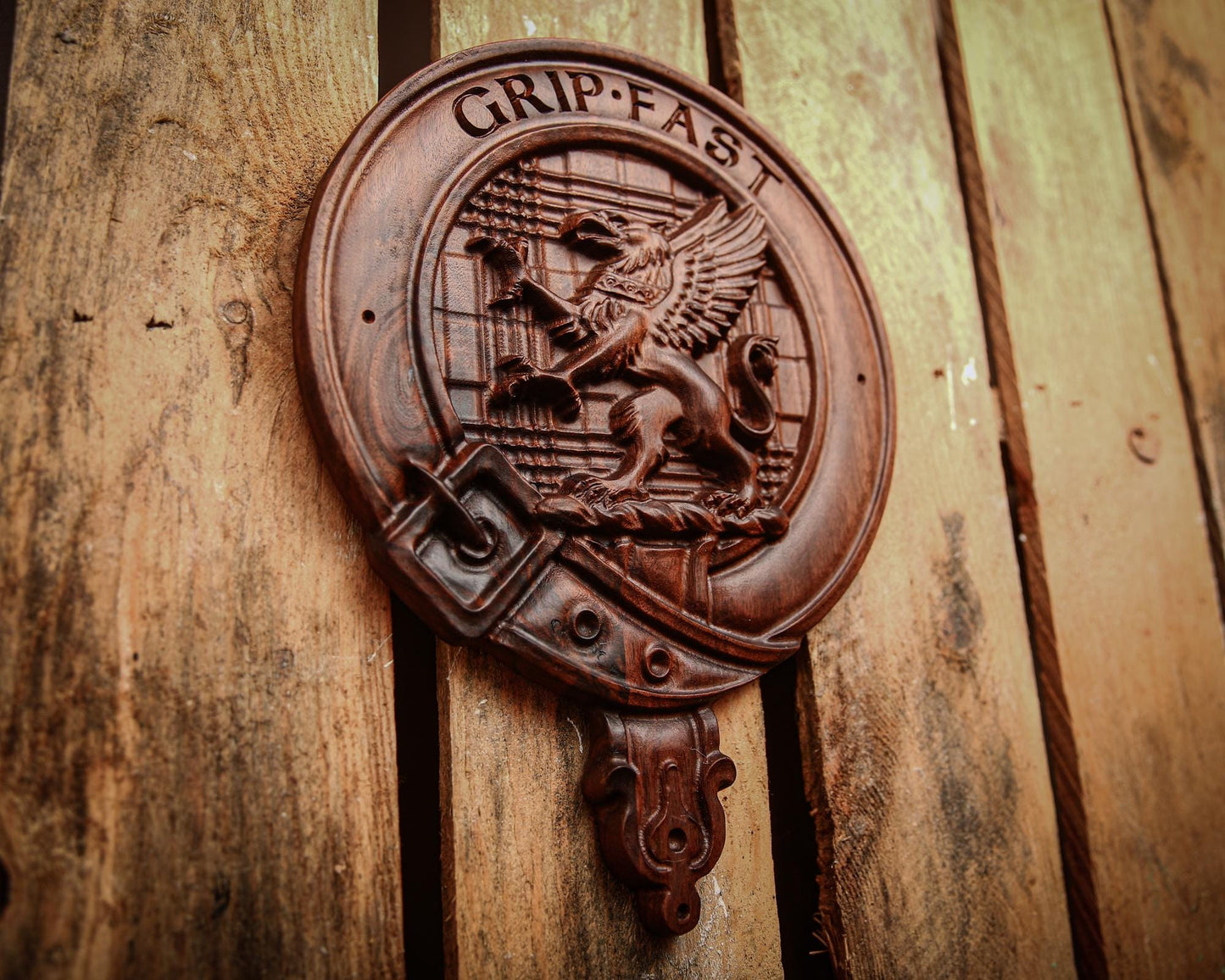 Custom Carved Scottish Clan Badge Crest in White Oak, Cherry or Walnut  | 3D Tartan, Bark, Cobblestone or Smooth Background