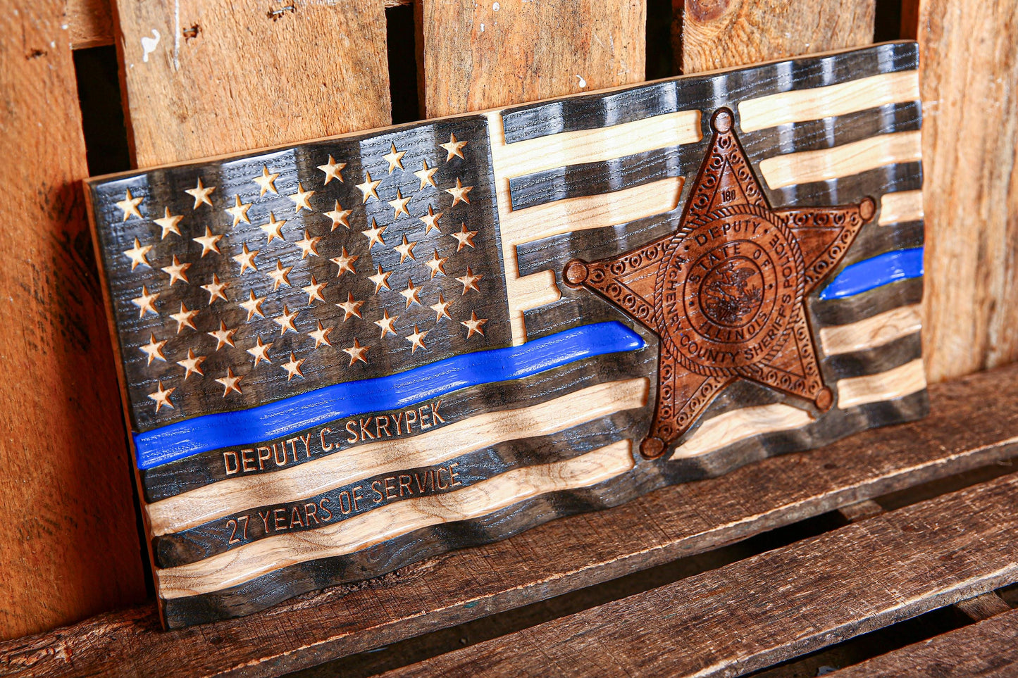 Custom Thin Blue Line Police Flag with Badge Engraving – Personalized Officer Gift, Handmade Wavy Wood Law Enforcement Retirement Sign