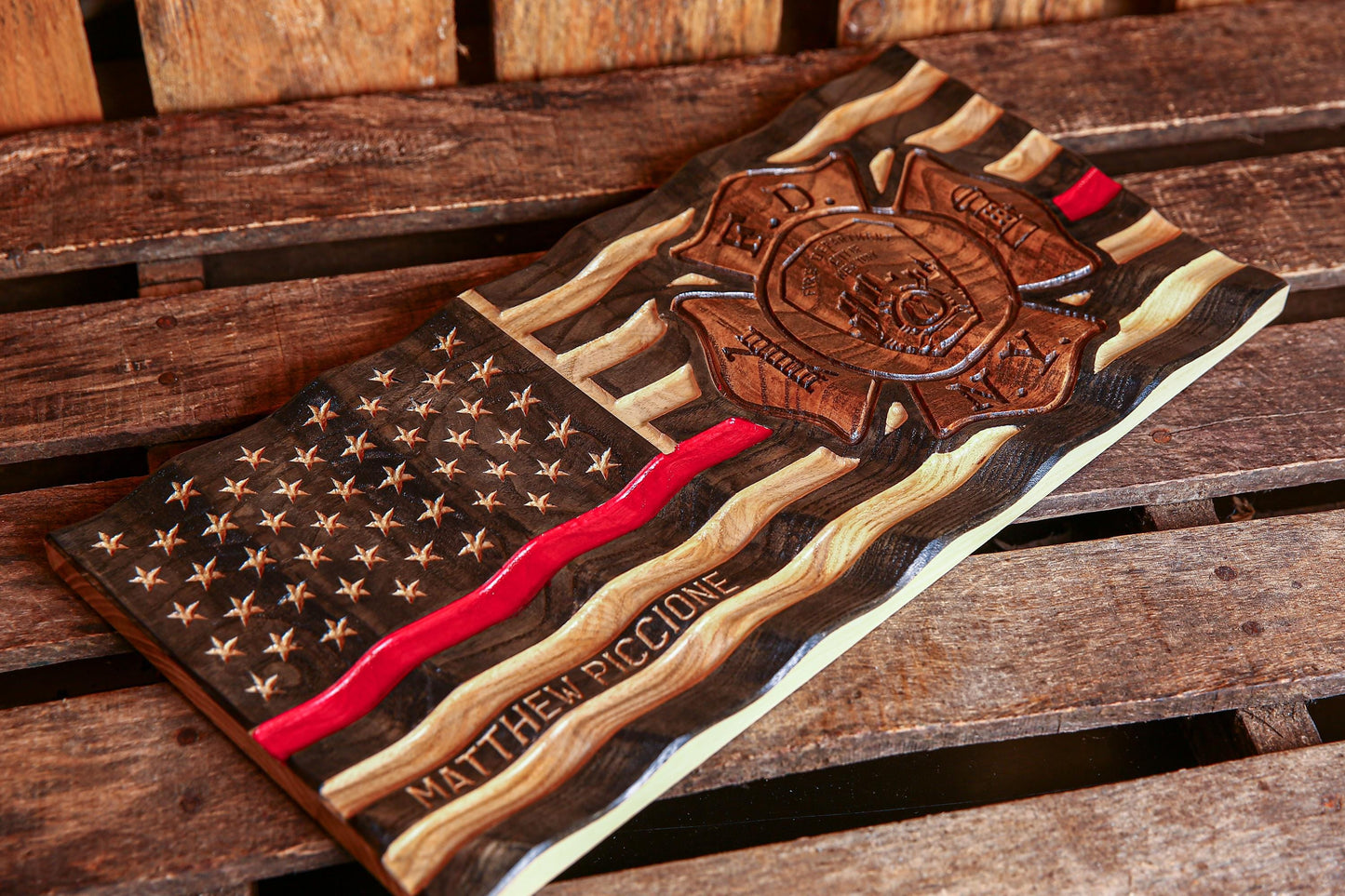 Personalized FDNY Firefighter Gift Thin Red Line Flag with Department Emblem - Unique Handmade Gift For Firefighter's