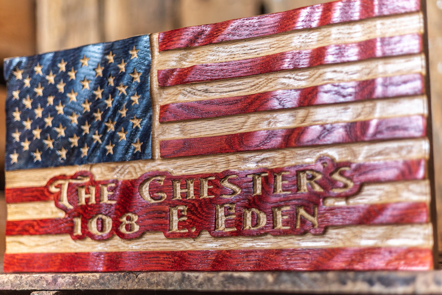 Rustic Wavy Wood American Flag | Street Address Sign | Name Plaque | Established Date | Patriotic Decor | Wall Decor, Unique Handmade Gift