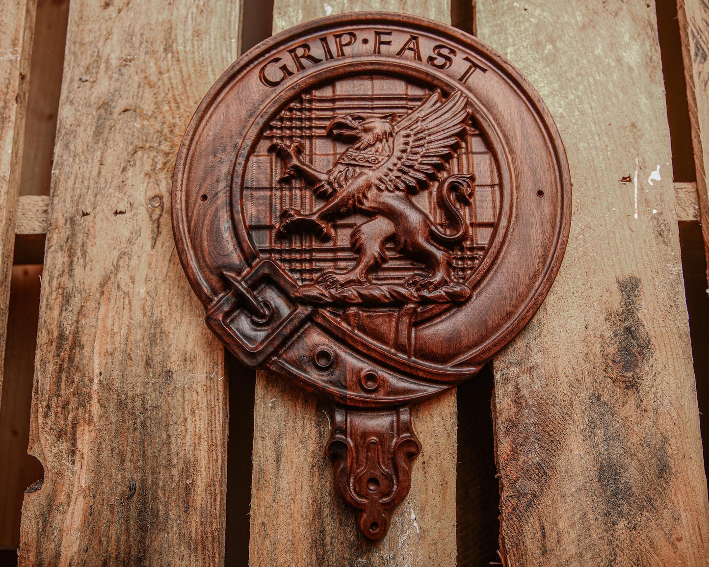 Custom Carved Scottish Clan Badge Crest in White Oak, Cherry or Walnut  | 3D Tartan, Bark, Cobblestone or Smooth Background