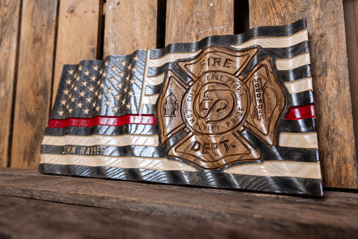 Personalized Firefighter Gift, Thin Red Line Flag with Custom Emblem, Unique Handmade Gift