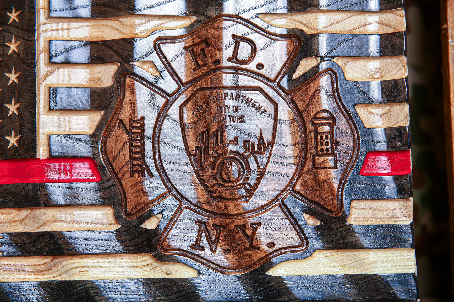 Personalized FDNY Firefighter Gift Thin Red Line Flag with Department Emblem - Unique Handmade Gift For Firefighter's