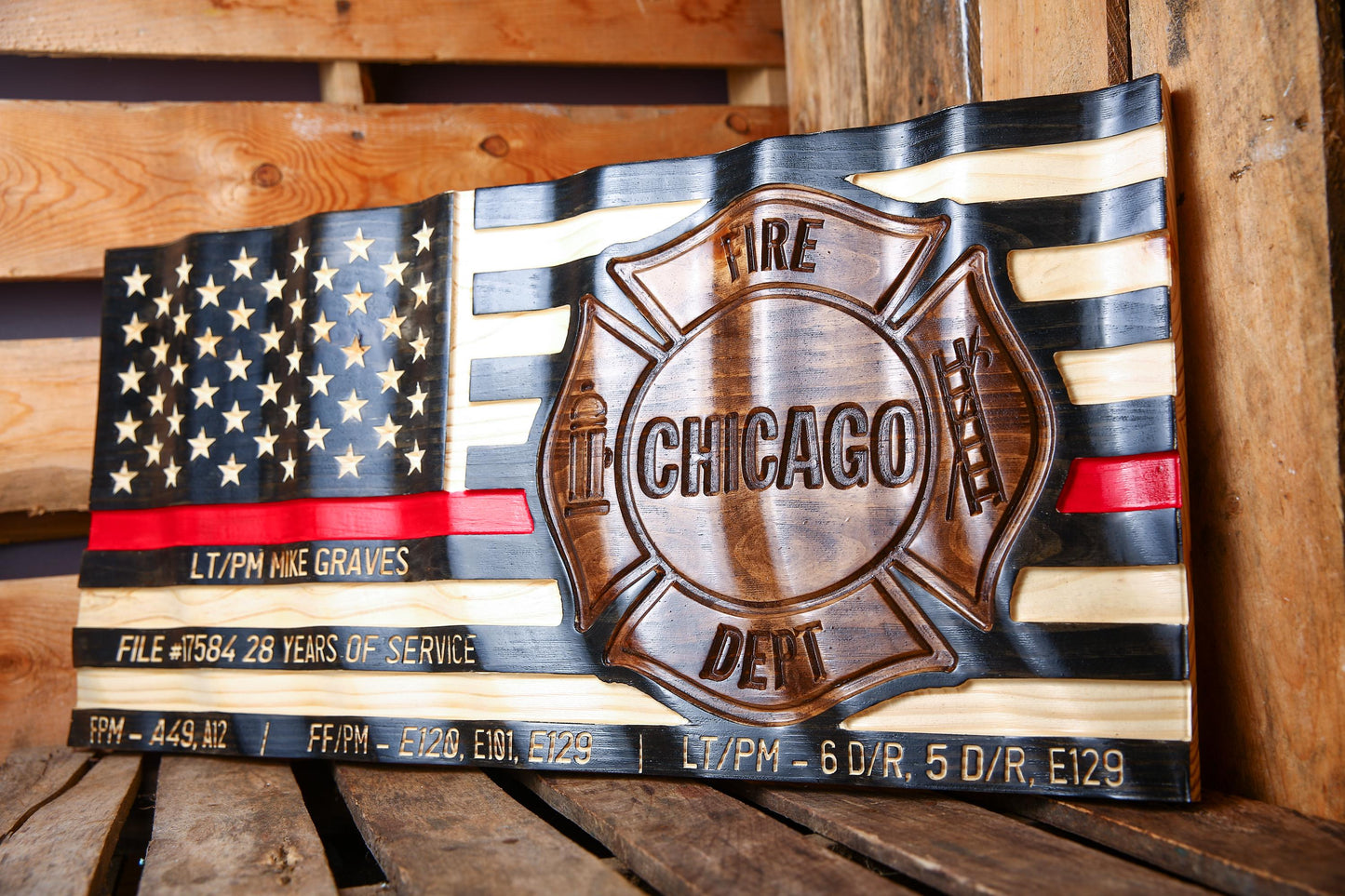 Personalized Firefighter Gift - Large Thin Red Line Flag with Custom Emblem - Unique Handmade Gift