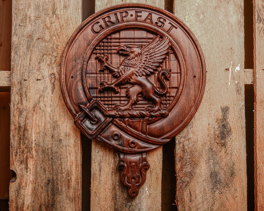 Custom Carved Scottish Clan Badge Crest in White Oak, Cherry or Walnut  | 3D Tartan, Bark, Cobblestone or Smooth Background