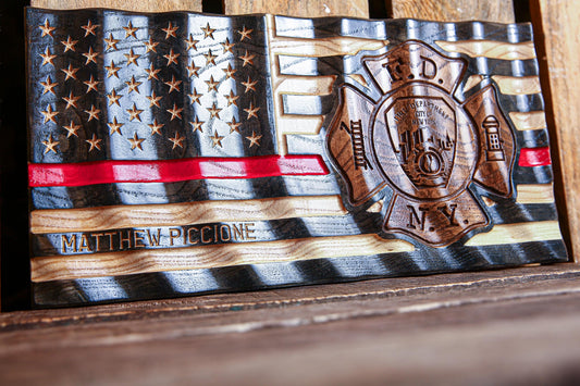 Personalized FDNY Firefighter Gift Thin Red Line Flag with Department Emblem - Unique Handmade Gift For Firefighter's