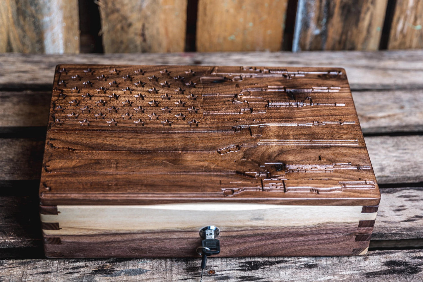 Unique Handmade Walnut Gun Case with 3D Relief Carved Lid