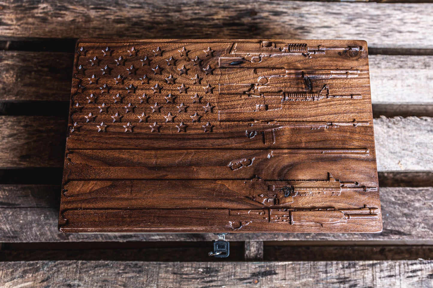 Unique Handmade Walnut Gun Case with 3D Relief Carved Lid