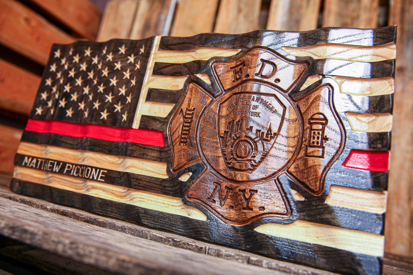Personalized FDNY Firefighter Gift Thin Red Line Flag with Department Emblem - Unique Handmade Gift For Firefighter's