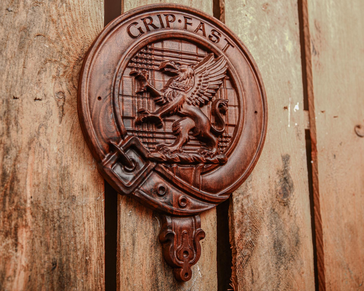 Custom Carved Scottish Clan Badge Crest in White Oak, Cherry or Walnut  | 3D Tartan, Bark, Cobblestone or Smooth Background