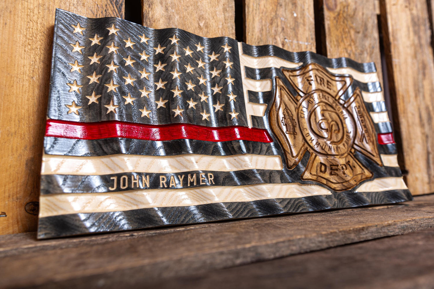 Personalized Firefighter Gift, Thin Red Line Flag with Custom Emblem, Unique Handmade Gift
