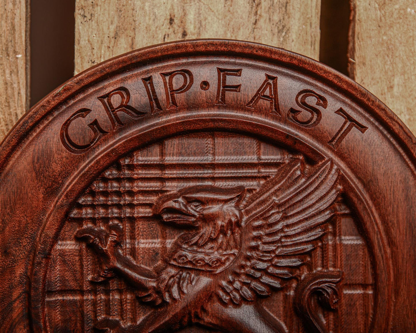 Custom Carved Scottish Clan Badge Crest in White Oak, Cherry or Walnut  | 3D Tartan, Bark, Cobblestone or Smooth Background