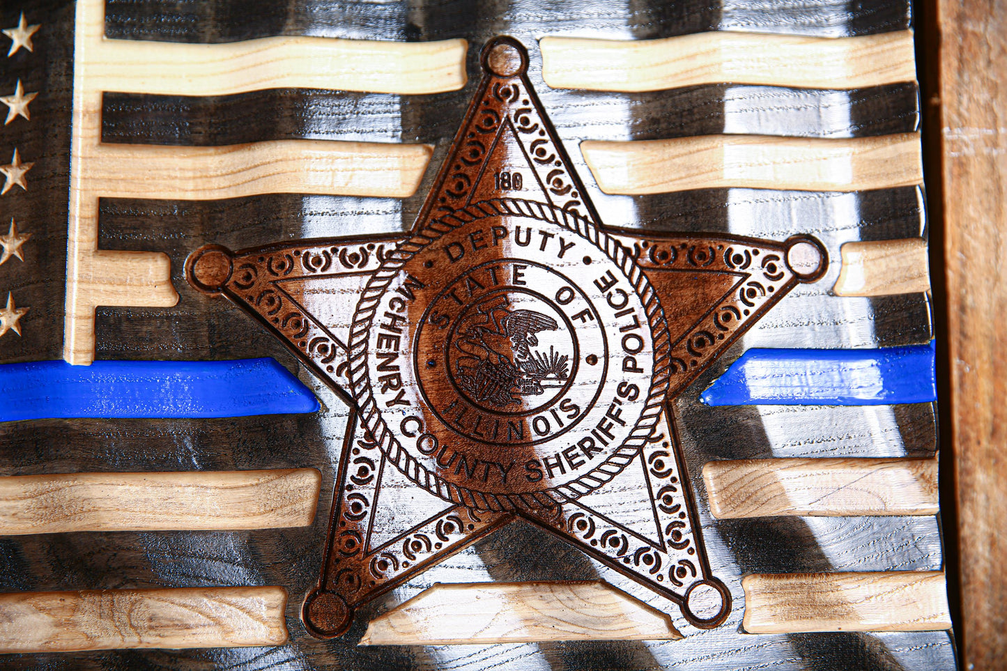 Custom Thin Blue Line Police Flag with Badge Engraving – Personalized Officer Gift, Handmade Wavy Wood Law Enforcement Retirement Sign