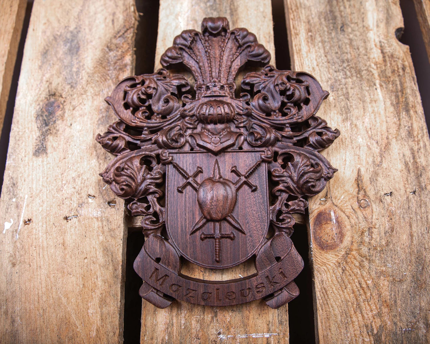Custom Carved Coat of Arms - Fathers Day Gift, Unique Wedding Gift, Hardwood Family Crests in Walnut, Cherry, Oak, Personalized Heraldic Art