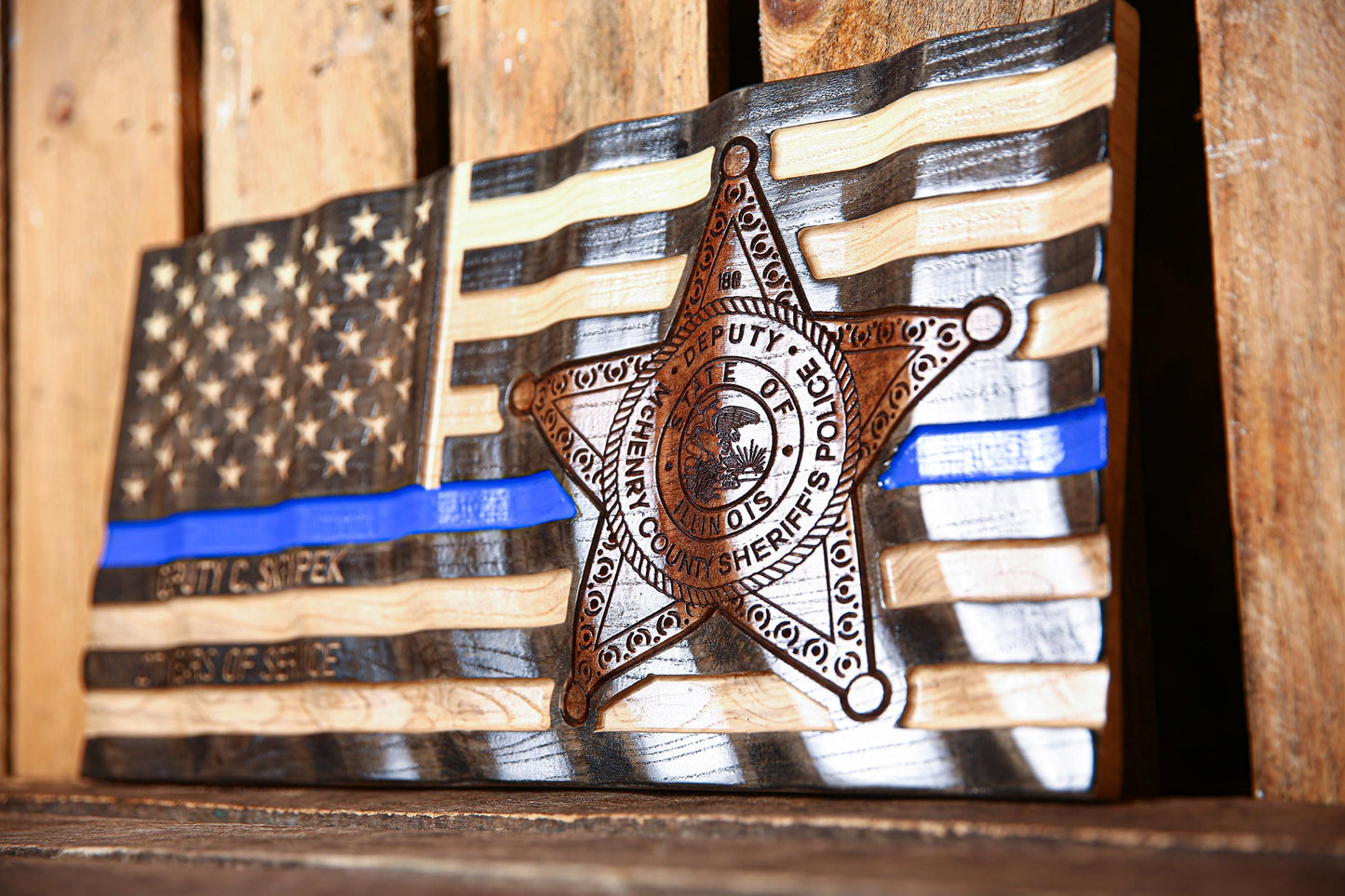 Custom Thin Blue Line Police Flag with Badge Engraving – Personalized Officer Gift, Handmade Wavy Wood Law Enforcement Retirement Sign