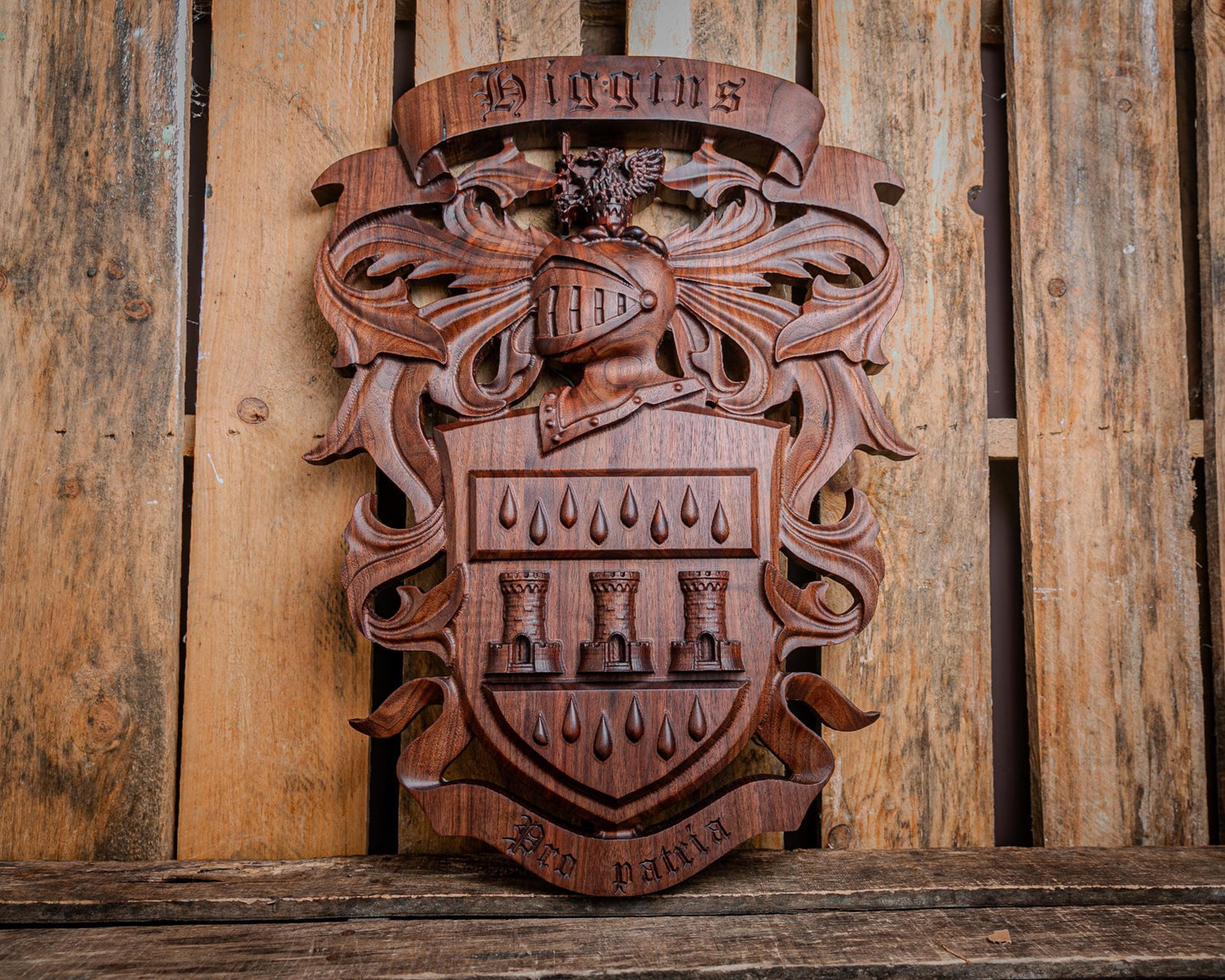 Custom Carved Walnut Family Crest (Coat of Arms)