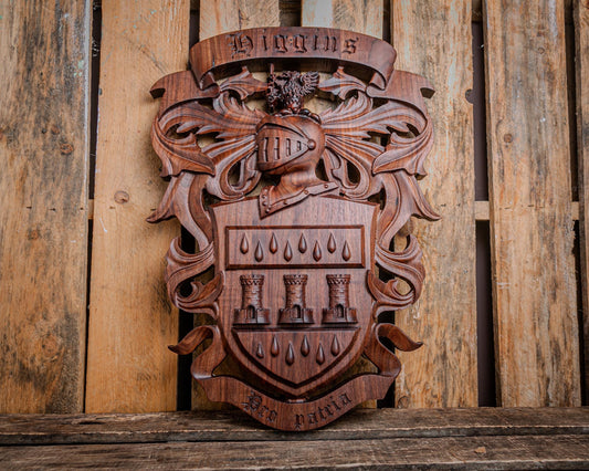 Custom Carved Walnut Family Crest (Coat of Arms)