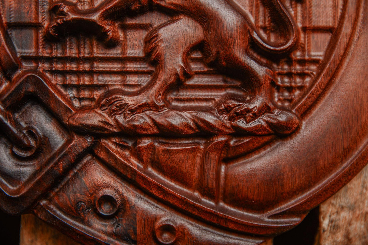 Custom Carved Scottish Clan Badge Crest in White Oak, Cherry or Walnut  | 3D Tartan, Bark, Cobblestone or Smooth Background