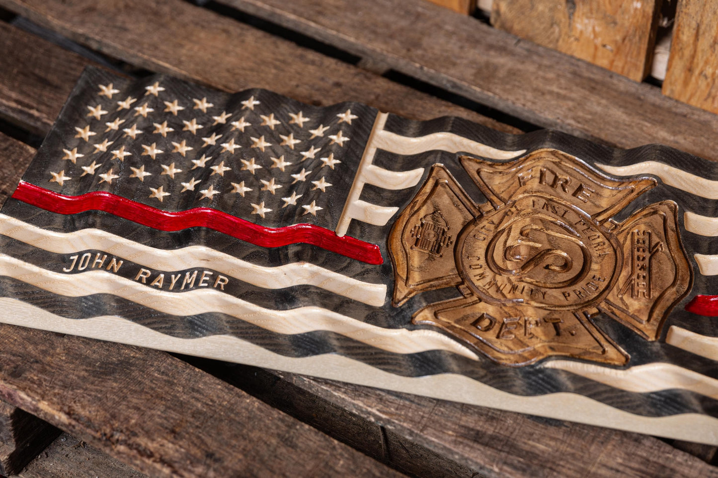 Personalized Firefighter Gift, Thin Red Line Flag with Custom Emblem, Unique Handmade Gift
