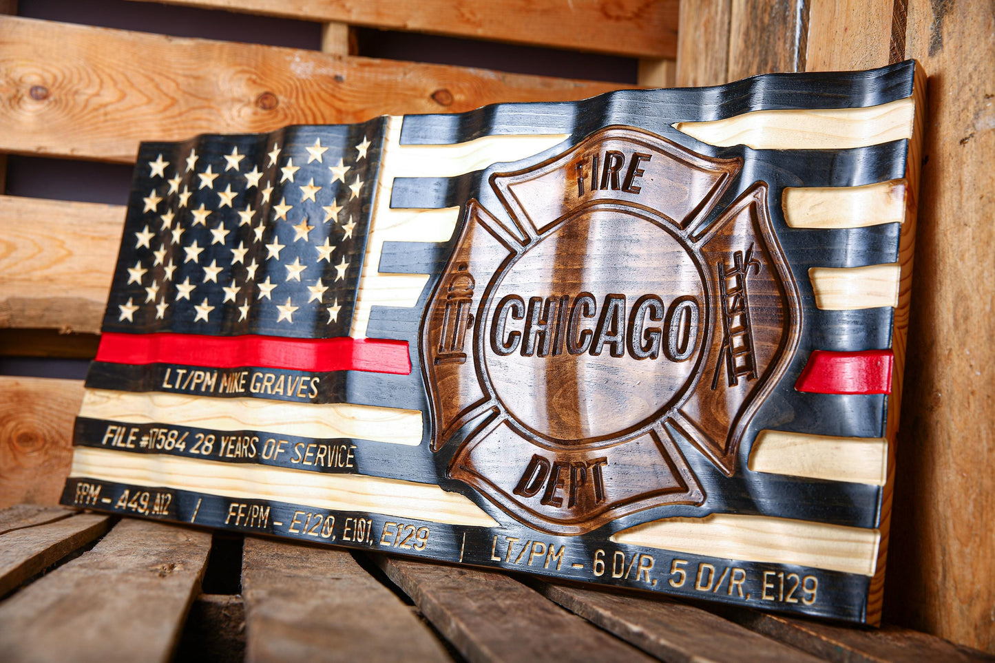 Personalized Firefighter Gift - Large Thin Red Line Flag with Custom Emblem - Unique Handmade Gift