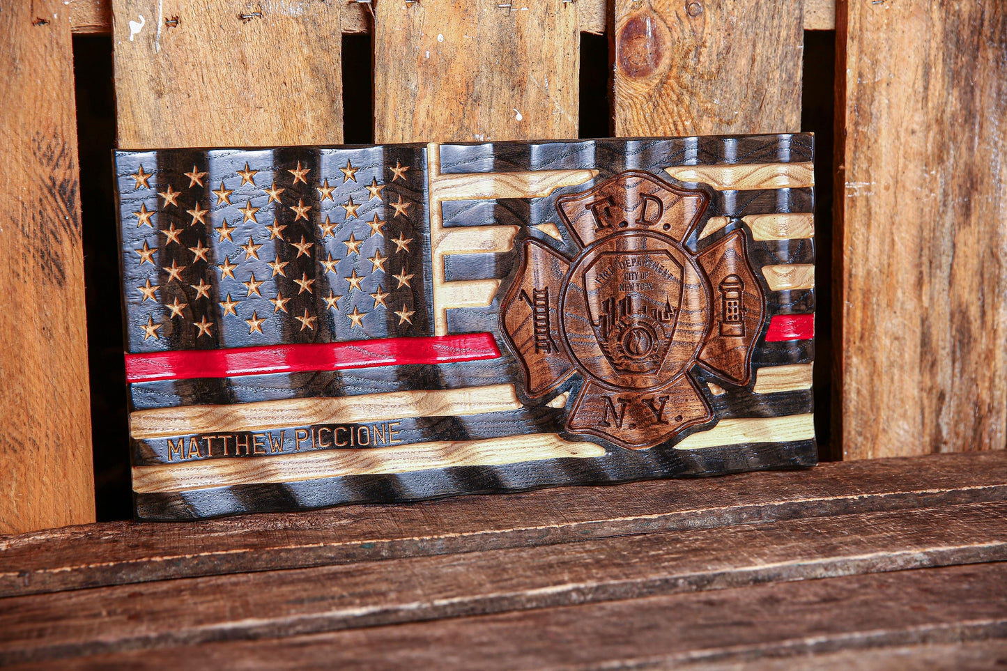 Personalized FDNY Firefighter Gift Thin Red Line Flag with Department Emblem - Unique Handmade Gift For Firefighter's