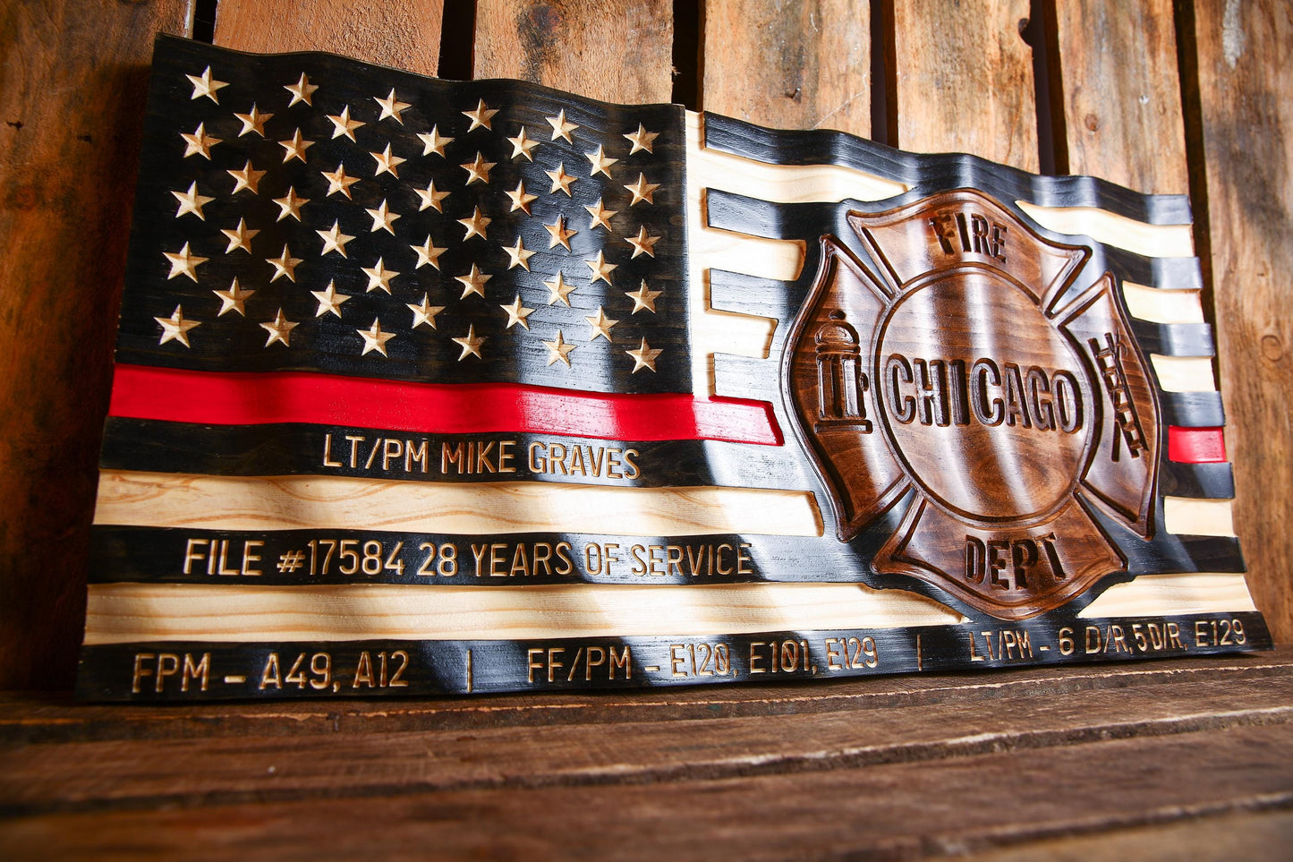 Personalized Firefighter Gift - Large Thin Red Line Flag with Custom Emblem - Unique Handmade Gift