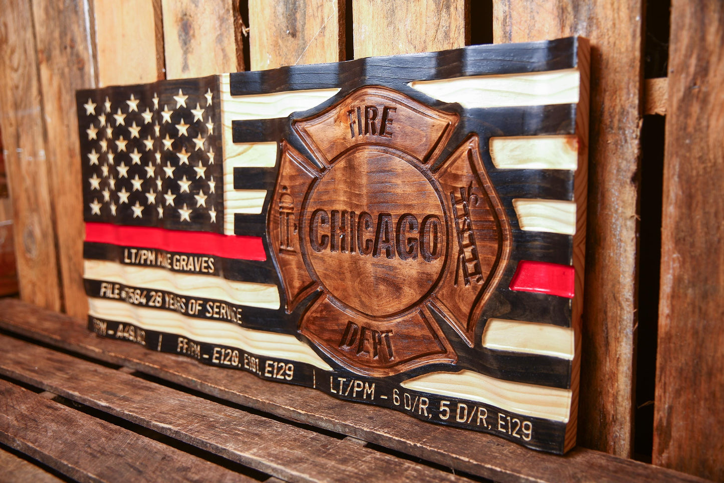 Personalized Firefighter Gift - Large Thin Red Line Flag with Custom Emblem - Unique Handmade Gift